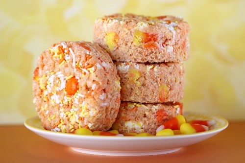 white chocolate candy corn krispy treats
