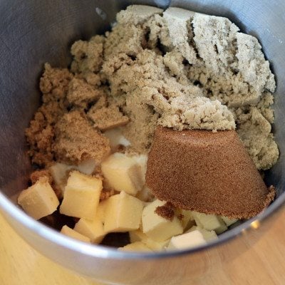 blend butter and sugars cookie ingredients in a bowl
