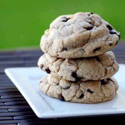 a stack of chocolate chip cookies