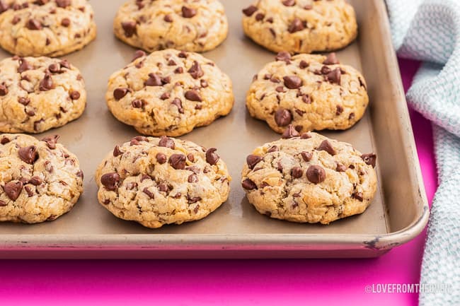 a tray of chocolate chip cookies