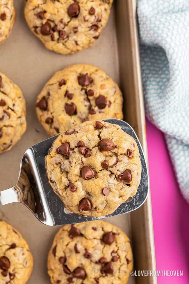 a tray of chocolate chip cookies