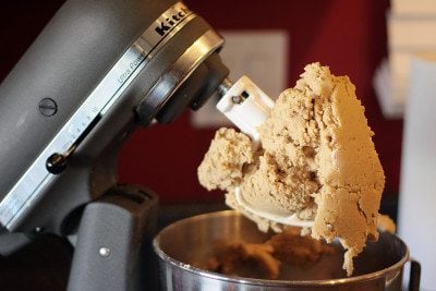 thick cookie dough cookie dough on a stand mixer