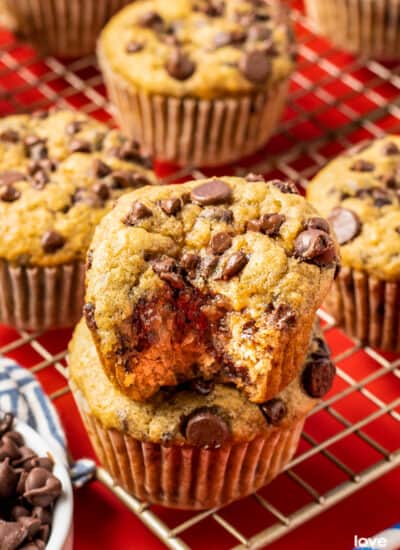 a stack of banana chocolate chip muffins