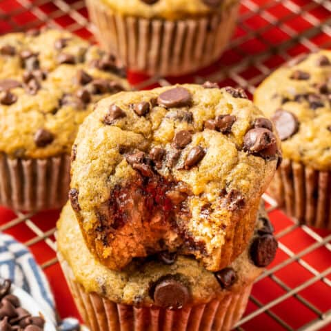 a stack of banana chocolate chip muffins