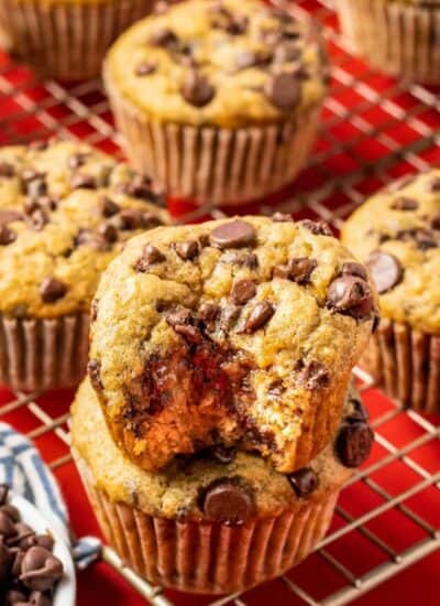 a stack of banana chocolate chip muffins