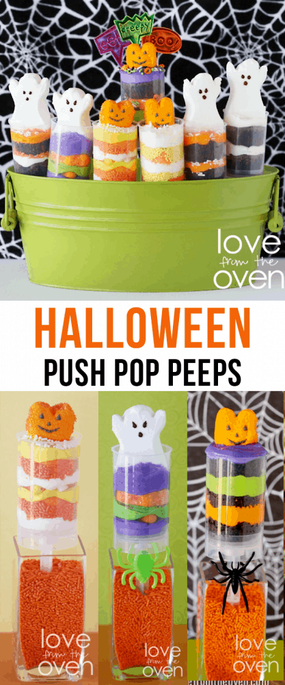 Halloween Push Pop Peeps. So easy and you can even use store bought brownies or cupcakes in them.