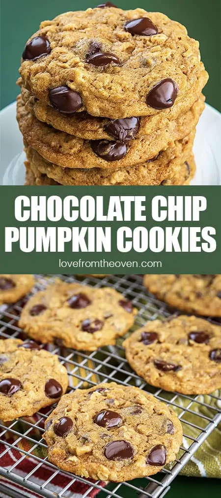 chocolate chip pumpkin cookies stacked and on a wire rack