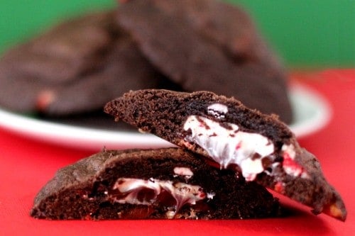 Peppermint Bark Stuffed Double Chocolate Candy Cane Cookies via Love From The Oven on @KatrinasKitchen