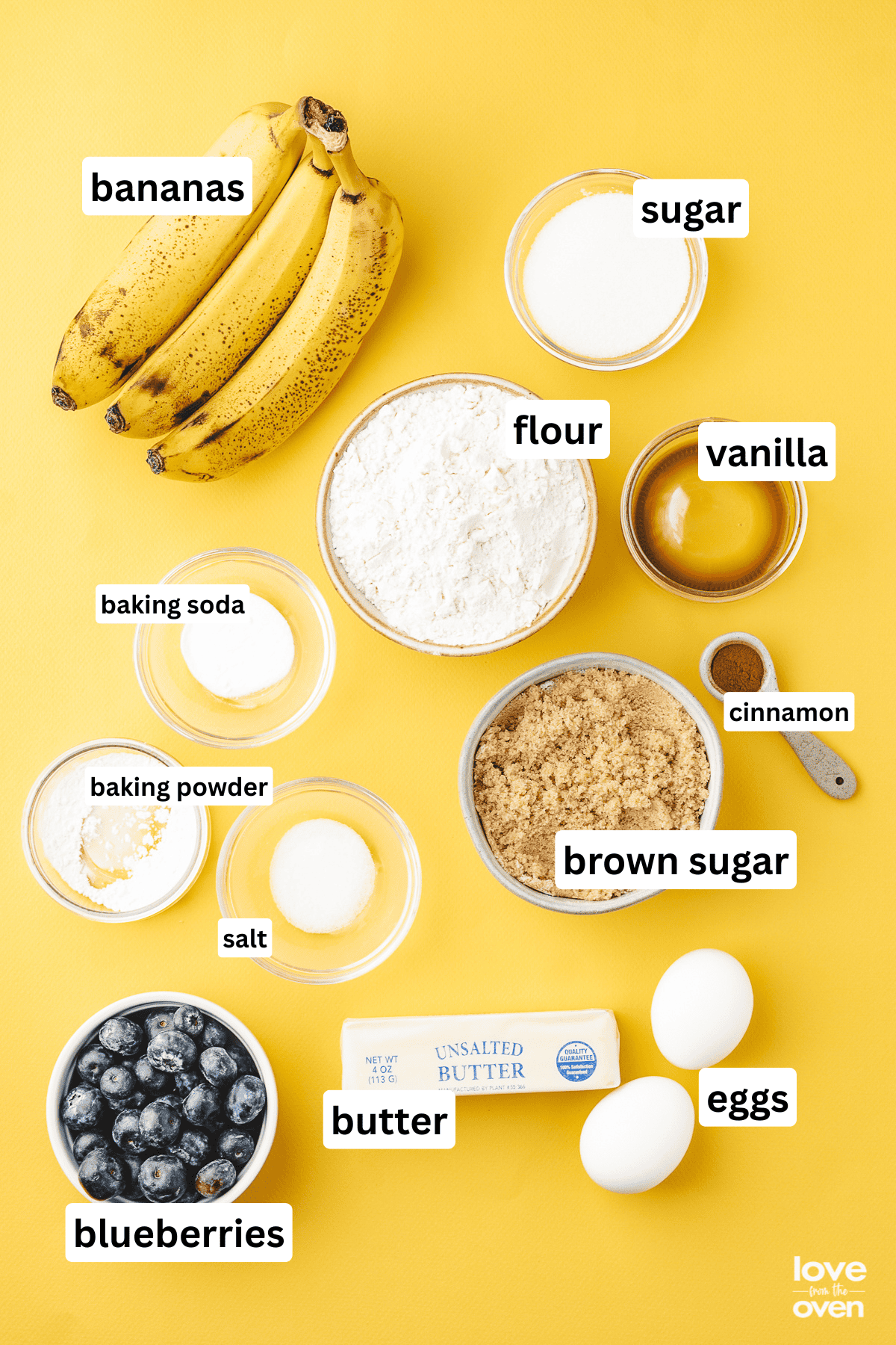 Ingredients to make blueberry banana muffins