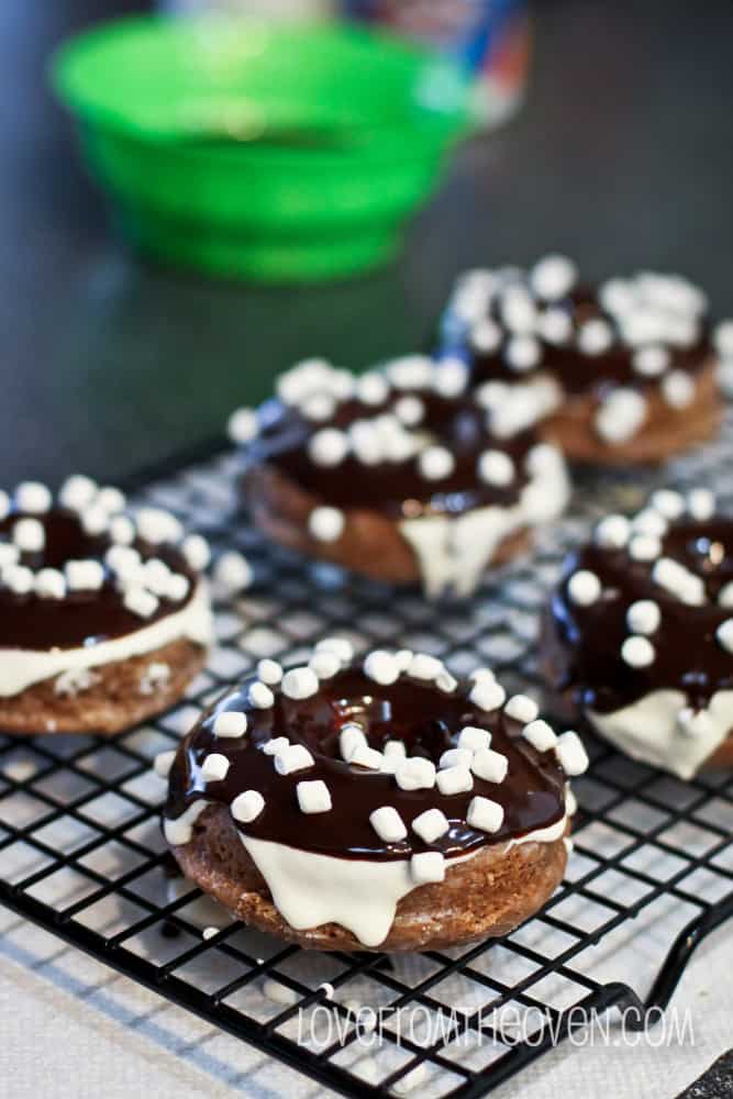 Hot Chocolate Donuts With Marshmallow Frosting And Chocolate Glaze