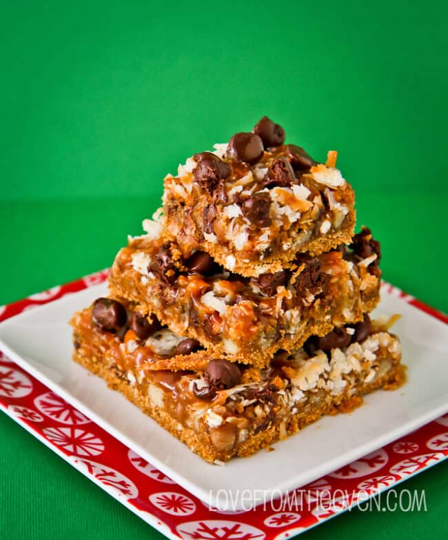 caramel pretzel magic cookie bars