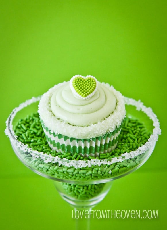 A lime cupcake in a margarita glass.