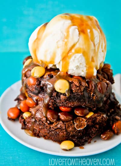 A photo of toffee brownies with a blue backgrond.