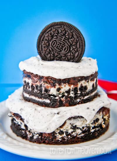 Oreo brownies on a blue background.