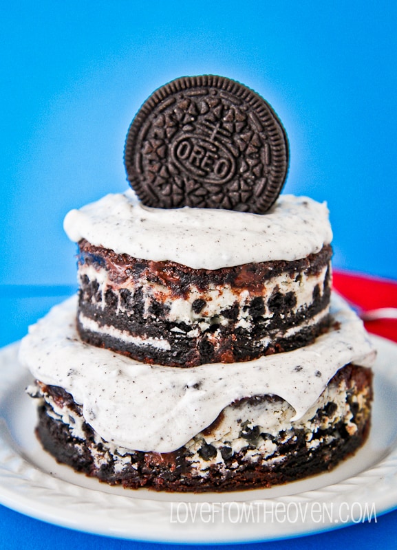 Oreo brownies on a blue background.