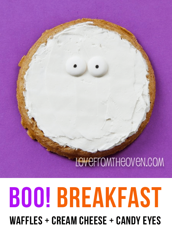 Hallloween Breakfast Waffles.  So cute and easy, waffles with cream cheese and candy eyes!