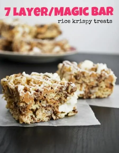 7 Layer Magic Bar Rice Krispies Treats by Mallow And Co.