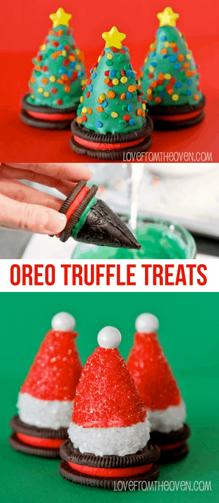 Oreo Truffle Treats.  Super cute Oreo Truffles on top of Oreos made to look like Christmas trees and Santa hats.