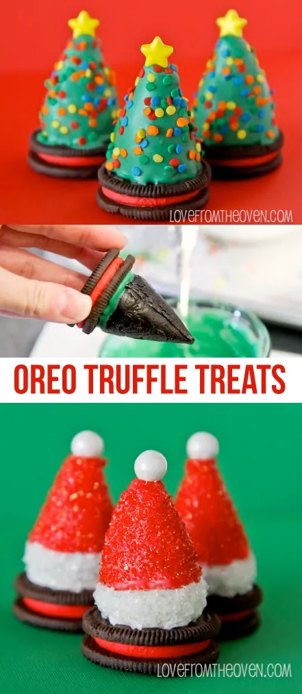 Oreo Truffle Treats.  Super cute Oreo Truffles on top of Oreos made to look like Christmas trees and Santa hats.