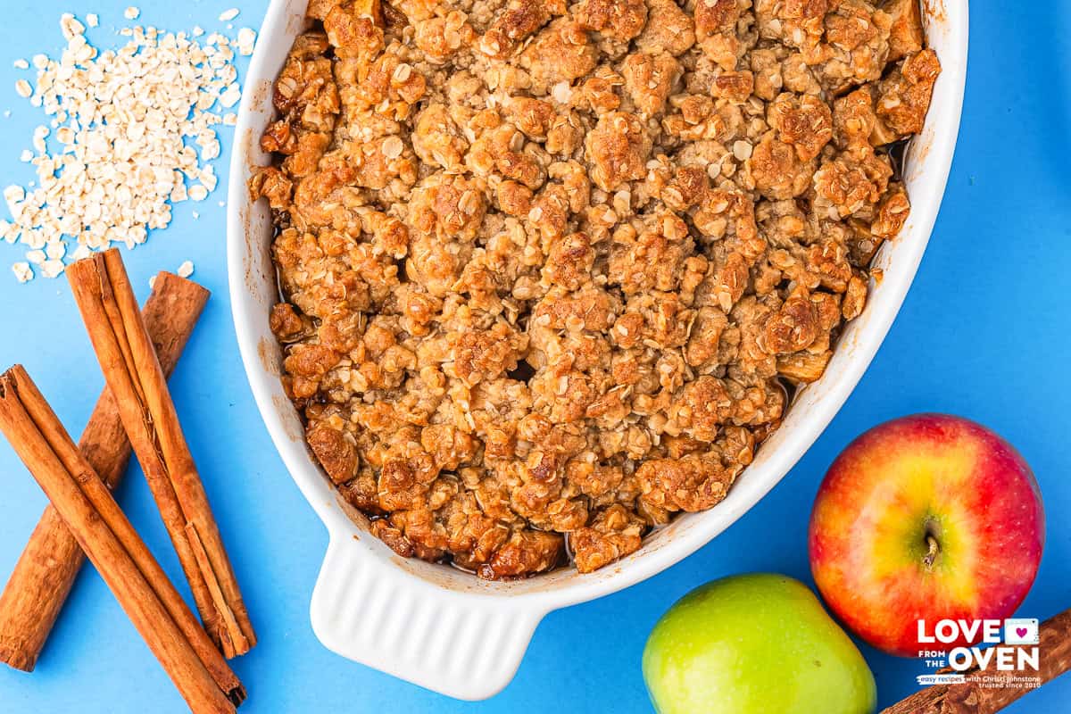 a close view of the apple crumble in a baking dish
