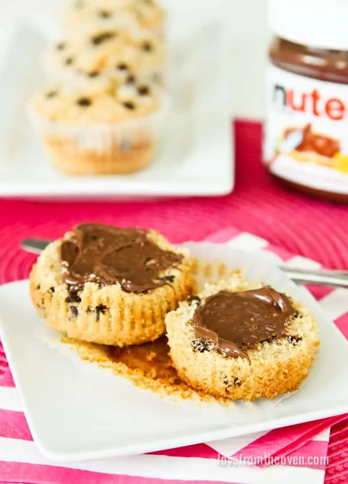 Chocolate Chip Muffins Topped With Nutella.  Such a happy breakfast!
