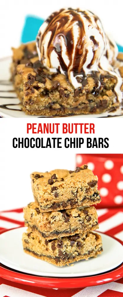 Peanut Butter And Chocolate Chip Bars.  Delicious served cold or warm, with ice cream on top!