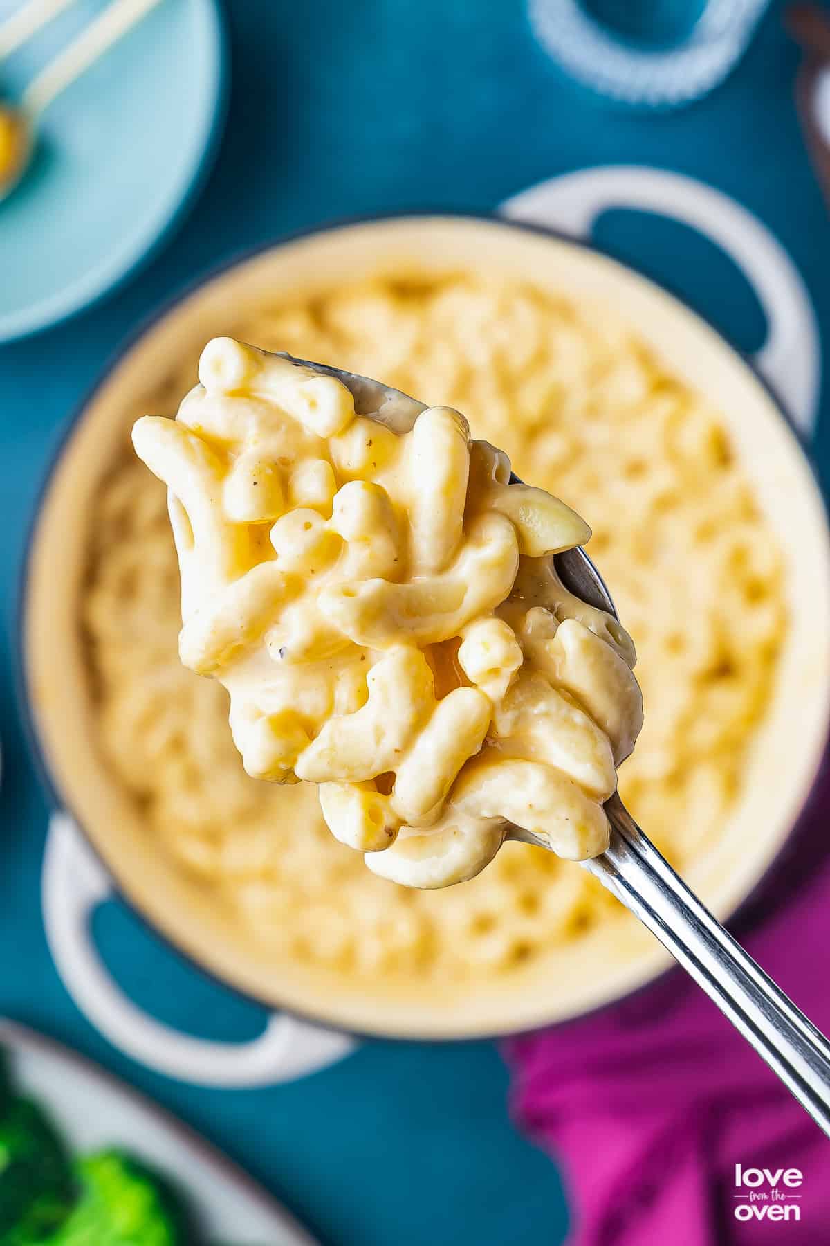 A spoon full of macaroni being lifted from a pot of stovetop mac and cheese.