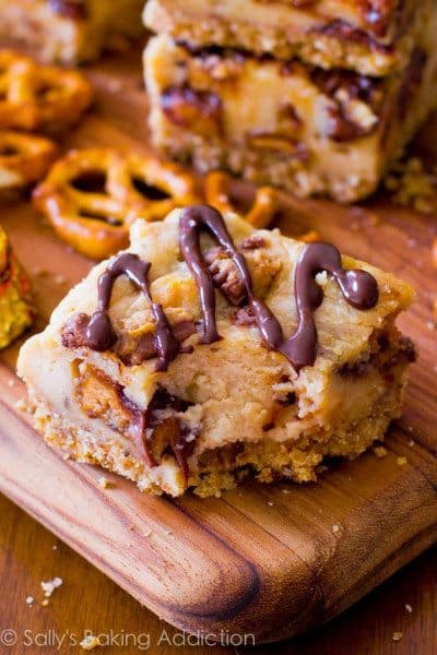 Peanut Butter Cup Pretzel Cheesecake Bars