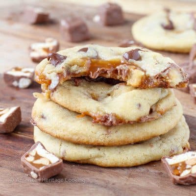 Caramel Stuffed Brown Butter Snickers Cookies