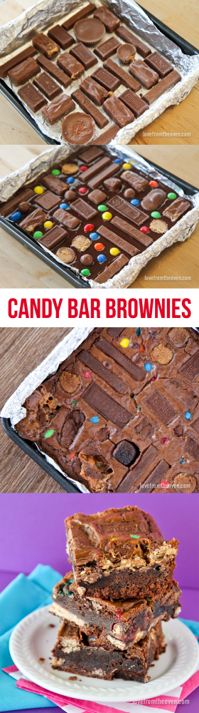 Candy Bar Brownies. Use up that Halloween candy with these crazy candy bar brownies!