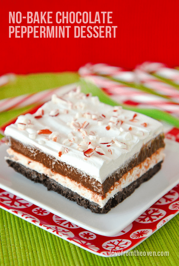 No Bake Chocolate Peppermint Dessert. Love this quick and easy recipe, it's SO delicious! Perfect for Christmas.
