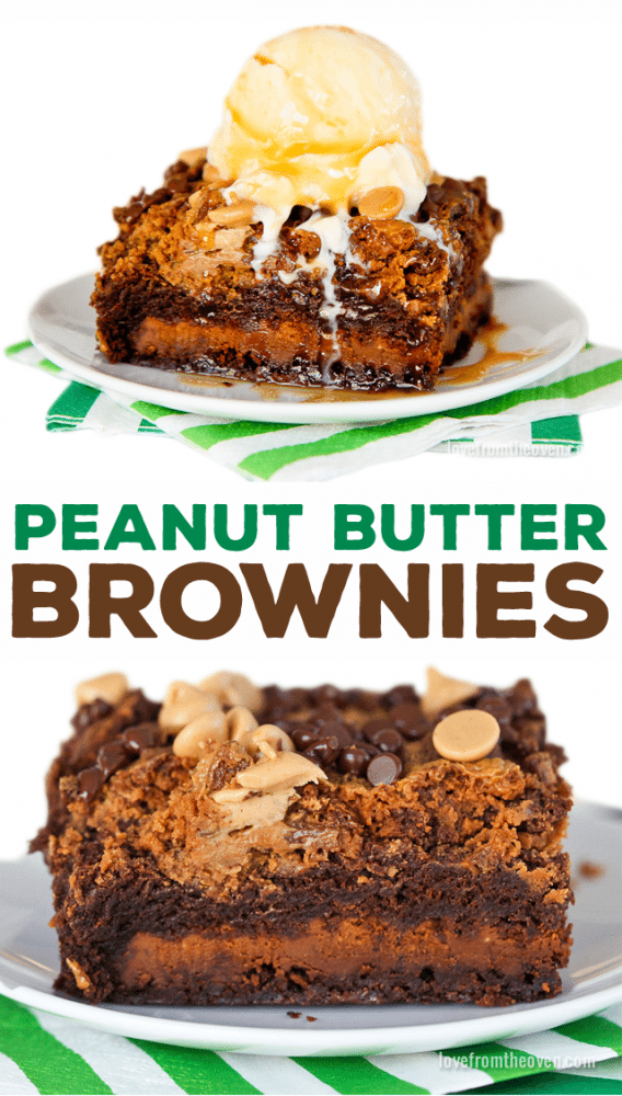 Browines stuffed with Reese's Peanut Butter Bars and topped with the most amazing peanut butter chocolate crunch topping!