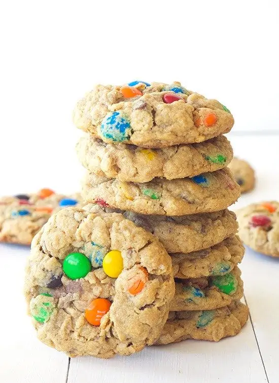 stack of m&m cookies