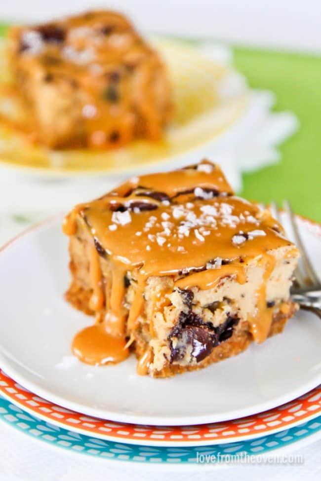 Salated Caramel Chocolate Chunk Cheesecake Bars With Pretzel Crust