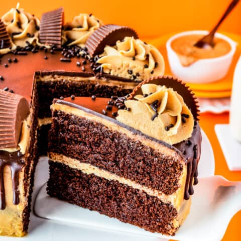 A slice being taken out of a chocolate peanut butter cake