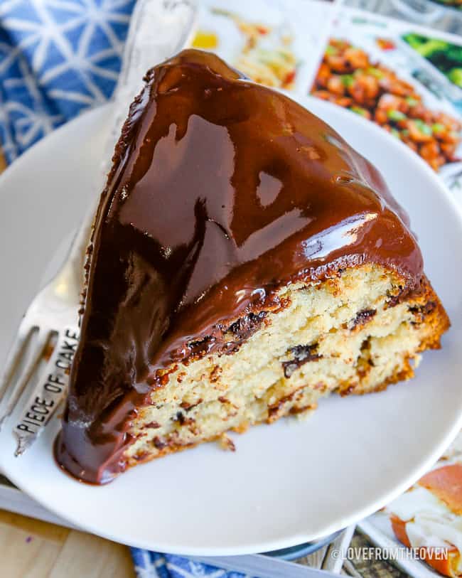 an overhead photo of a slice of chocolate chip bundt cake