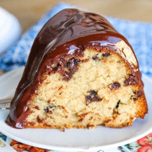 A slice of chocolate chip bundt cake on a plate