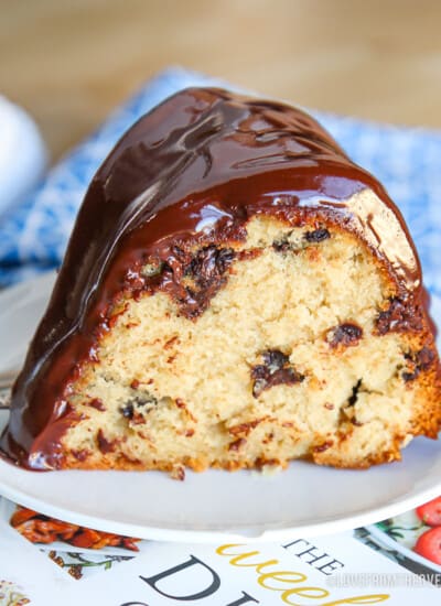 A slice of chocolate chip bundt cake on a plate