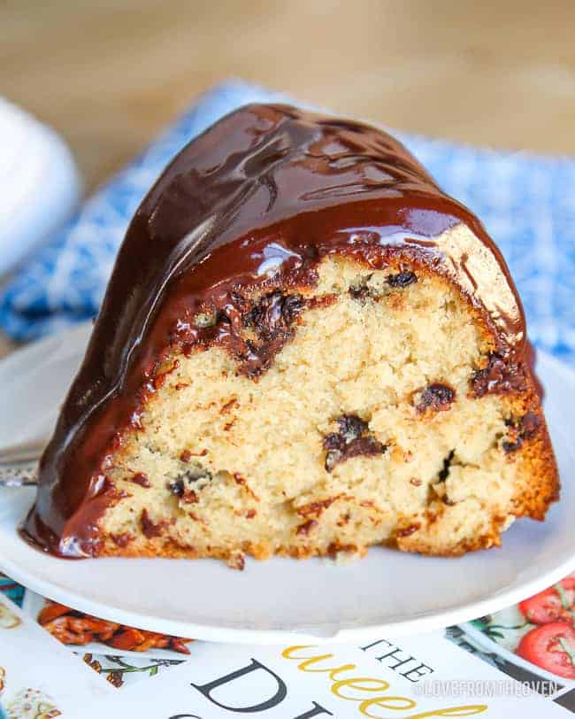 A slice of chocolate chip bundt cake on a plate