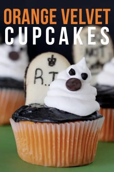 Orange Velvet Cupcakes topped with ghosts