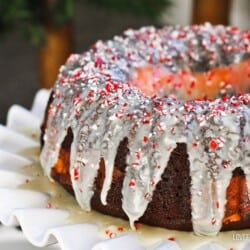 Peppermint Bundt Cake Topped With Peppermint Bark Ganache