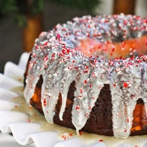 Peppermint Bundt Cake Topped With Peppermint Bark Ganache