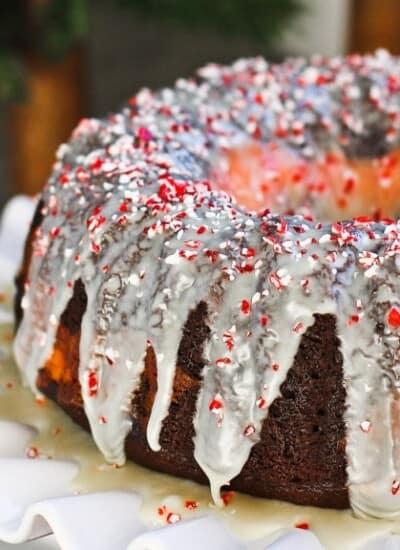 Peppermint Bundt Cake Topped With Peppermint Bark Ganache