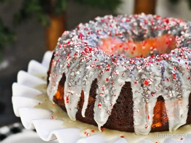 Peppermint Bundt Cake Topped With Peppermint Bark Ganache