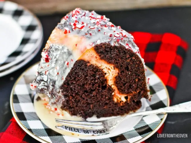 Peppermint Bundt Cake Topped With Peppermint Bark 