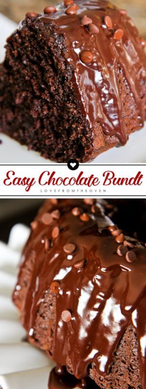 Photos of a chocolate Bundt Cake, topped with chocolate ganache and chocolate chips. A slice is shown and a side view of the cake. 