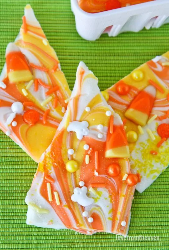 Easy Candy Corn Bark Made With White Chocolate, Candy Corn and Sprinkles for Halloween