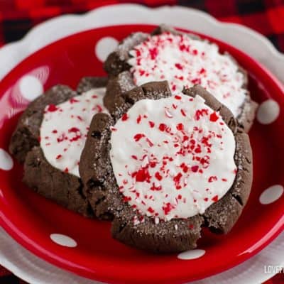 Chocolate peppermint cookies on a red plate