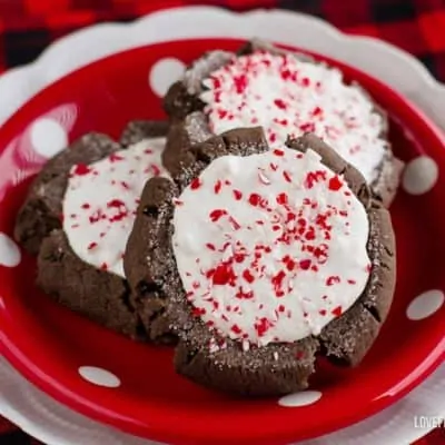 Chocolate peppermint cookies on a red plate