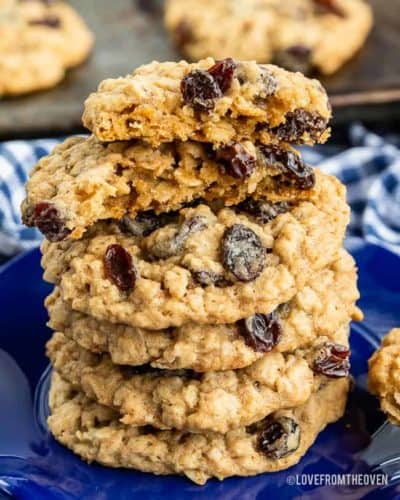 Stack of oatmeal cookies on a blue plate